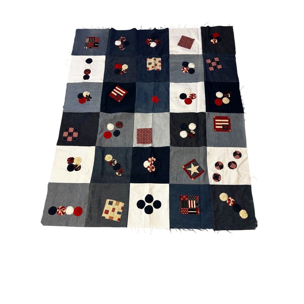 Handmade Denim Patchwork Quilt Top Unfinished  Americana Patriotic Yo-Yo 54x45